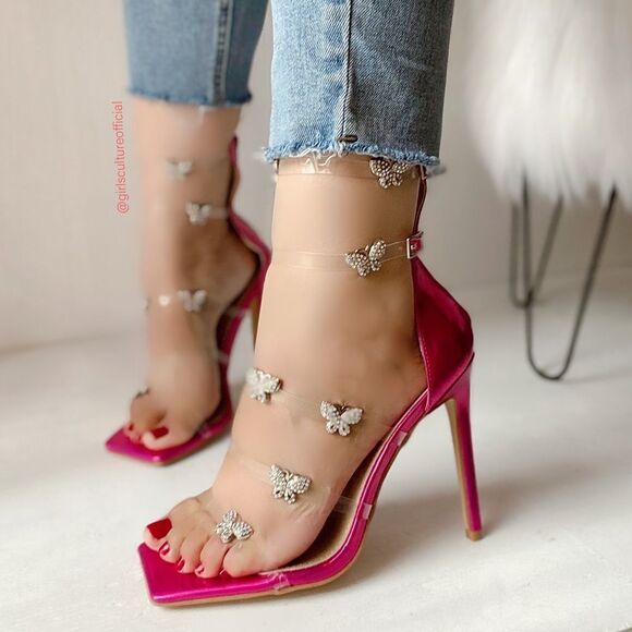 Fuchsia Butterfly Ankle Charm Bracelet Clear Heel - Picture 1 of 1